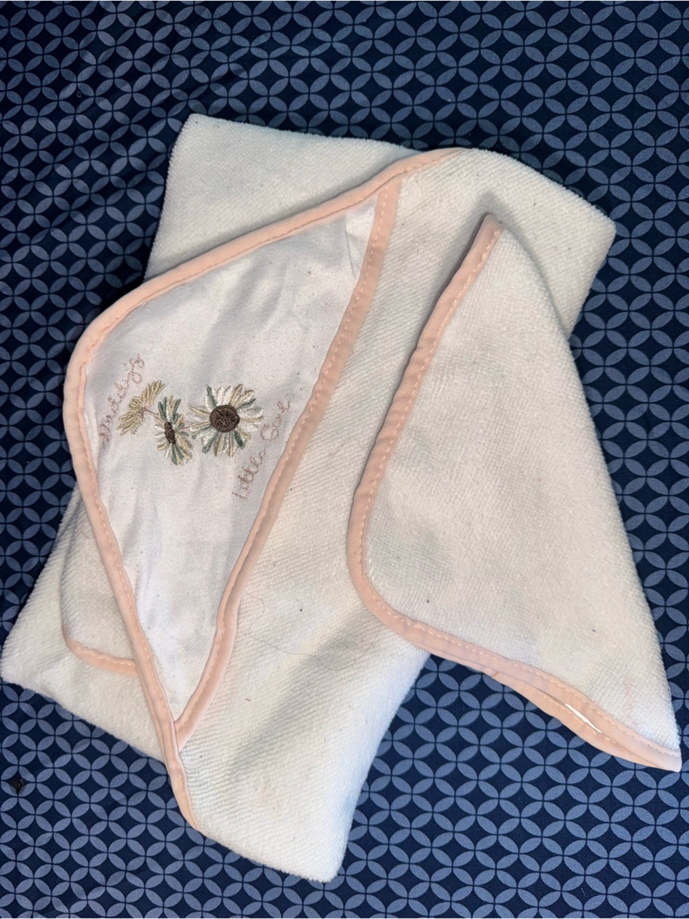 chick pea White Baby Hooded Towel with Pink Trim and Daisy Embroidery